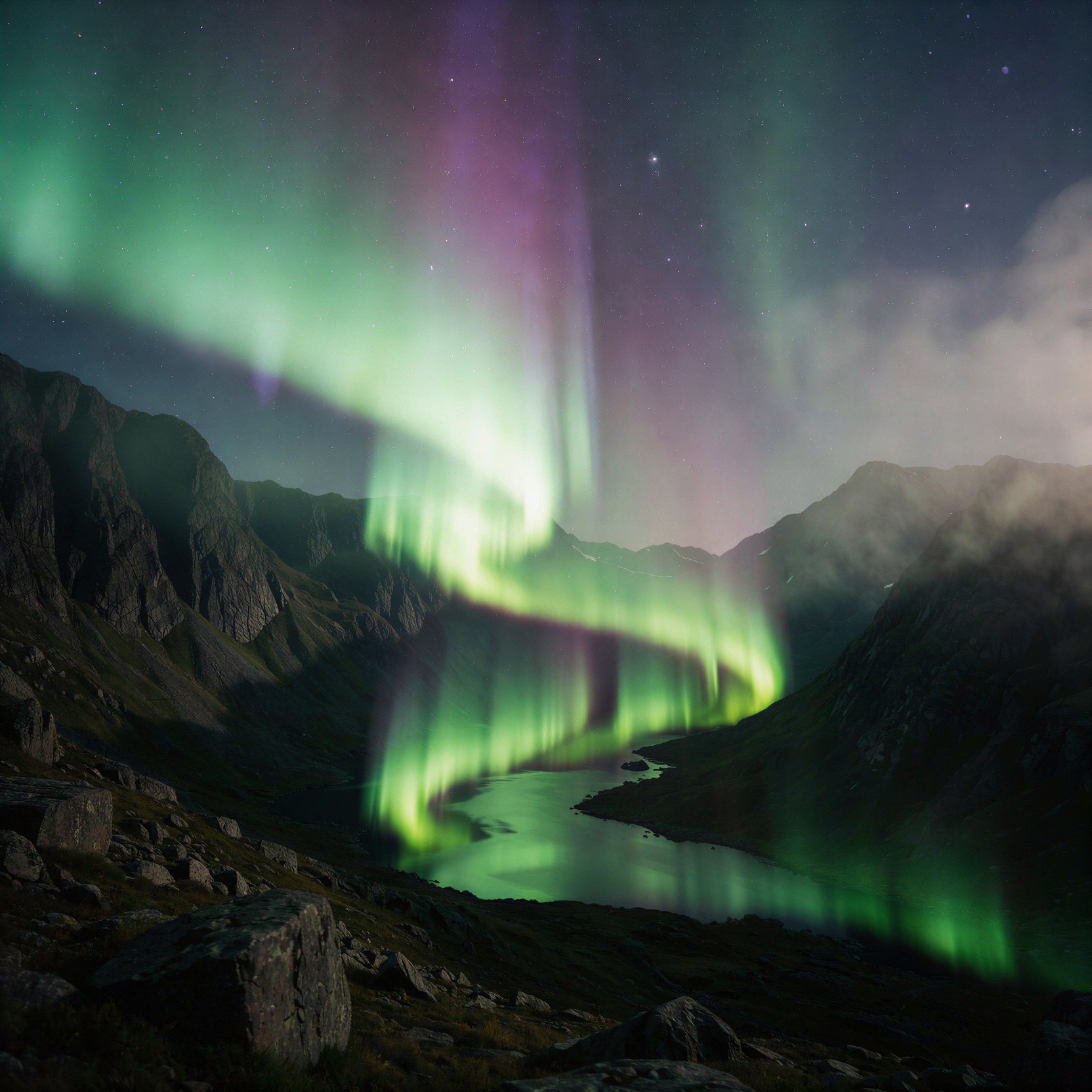 a realistic wide-angle landscape photograph capturing the aurora borealis pooling like vibrant green and violet paint in a dark mountain valley, the luminous ribbons flowing along the contours of the rugged terrain, glowing intensely against the deep shadows of the rocky slopes below, a starry night sky visible above the peaks, soft atmospheric haze diffusing the light near the horizon, natural unretouched textures on the stone surfaces, shot on 35mm Kodak Portra 400 with fine visible film grain, slight handheld framing imperfection, subtle halation around the brightest parts of the aurora.