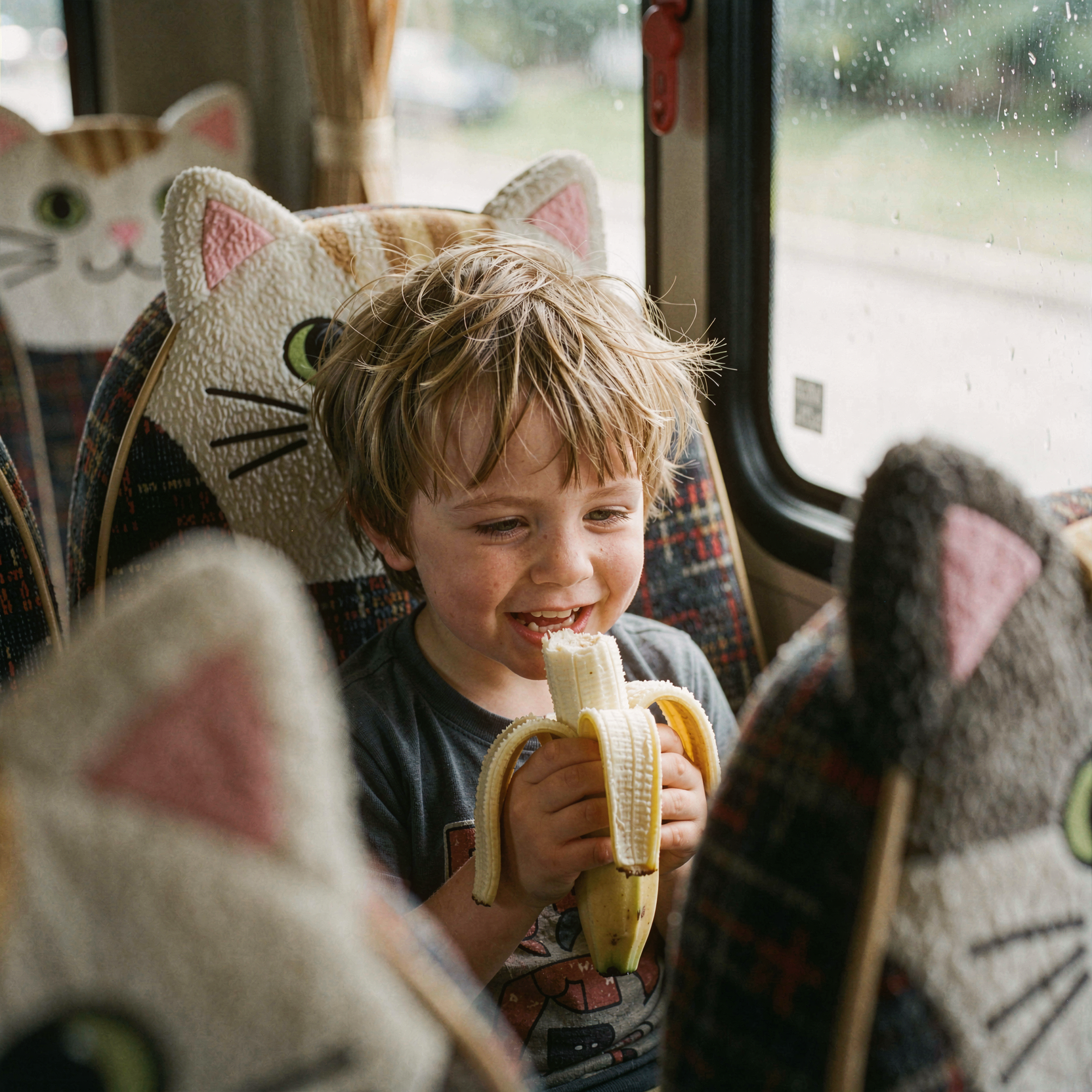 a candid documentary photograph of a two-year-old boy with messy sand-colored hair, smiling broadly and happily eating a banana while seated inside a cat-themed bus. The child is positioned in the middle ground, holding the yellow fruit in both hands, his gaze directed slightly downward at the snack. The interior features playful cat-ear motifs on the seats and soft upholstery textures. Natural daylight streams through the window to the camera right, illuminating the boy’s face and casting gentle shadows inside the vehicle. natural unretouched skin texture with visible pores and subtle tonal variation. messy hair with individual strands and flyaways. shot on 35mm Kodak Portra 400 with fine visible film grain, slight handheld framing imperfection.