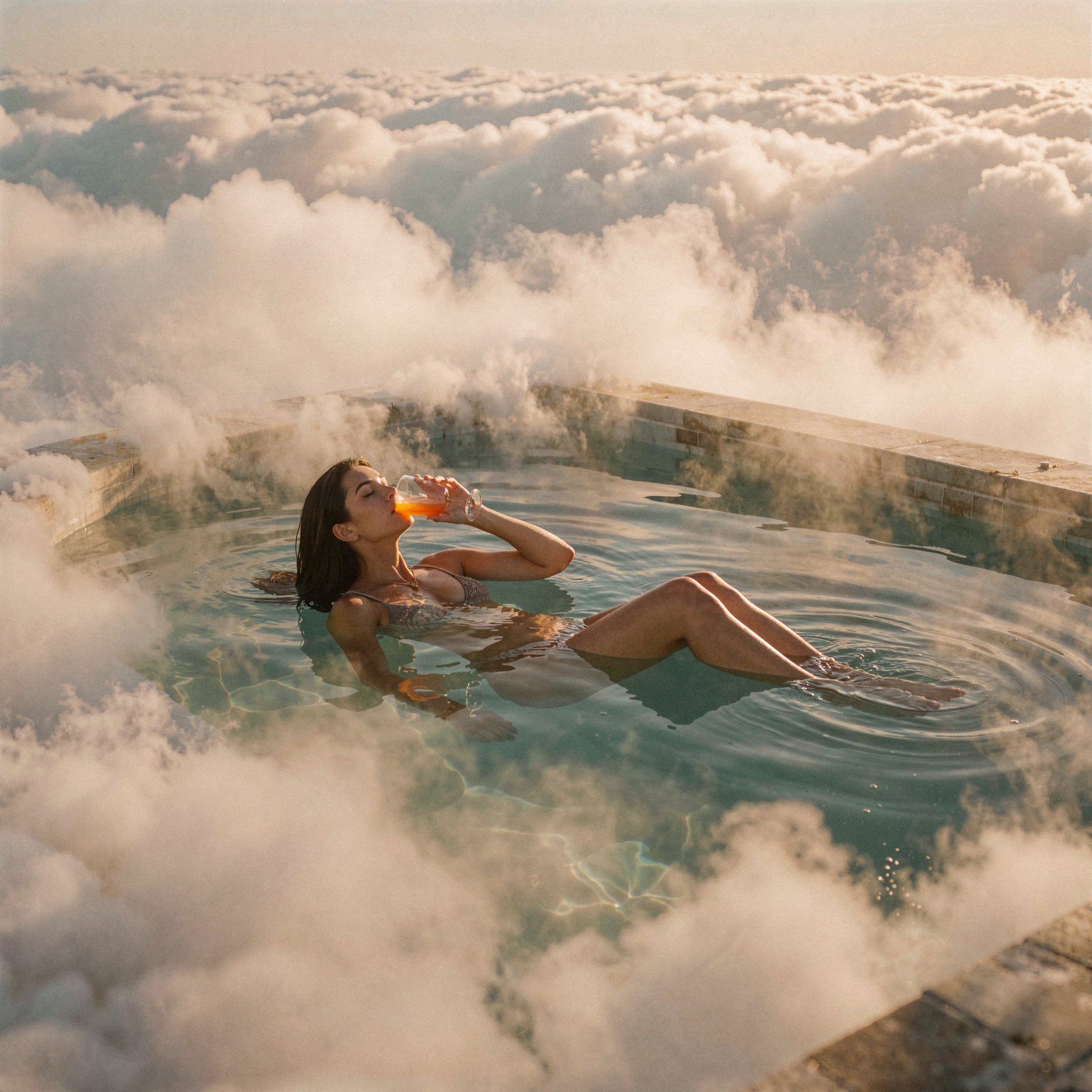 a candid documentary photograph of a woman levitating effortlessly in mid-air, her body relaxed and submerged halfway into a swimming pool that exists organically within a dense bank of luminous clouds. The pool water is clear and still, merging seamlessly with the white vapor around its edges, while the woman holds a glass to her lips, sipping directly from a liquid stream of vibrant sunset colors flowing through the air. She gazes upward with a serene expression, her limbs drifting naturally as if weightless. The lighting is warm and diffuse, casting soft golden-hour hues across her skin and the cloud surfaces, creating an atmosphere of surreal tranquility. Shot on 35mm Kodak Portra 400 with fine visible film grain, slight handheld framing imperfection, and gentle motion blur on the flowing liquid sunset.