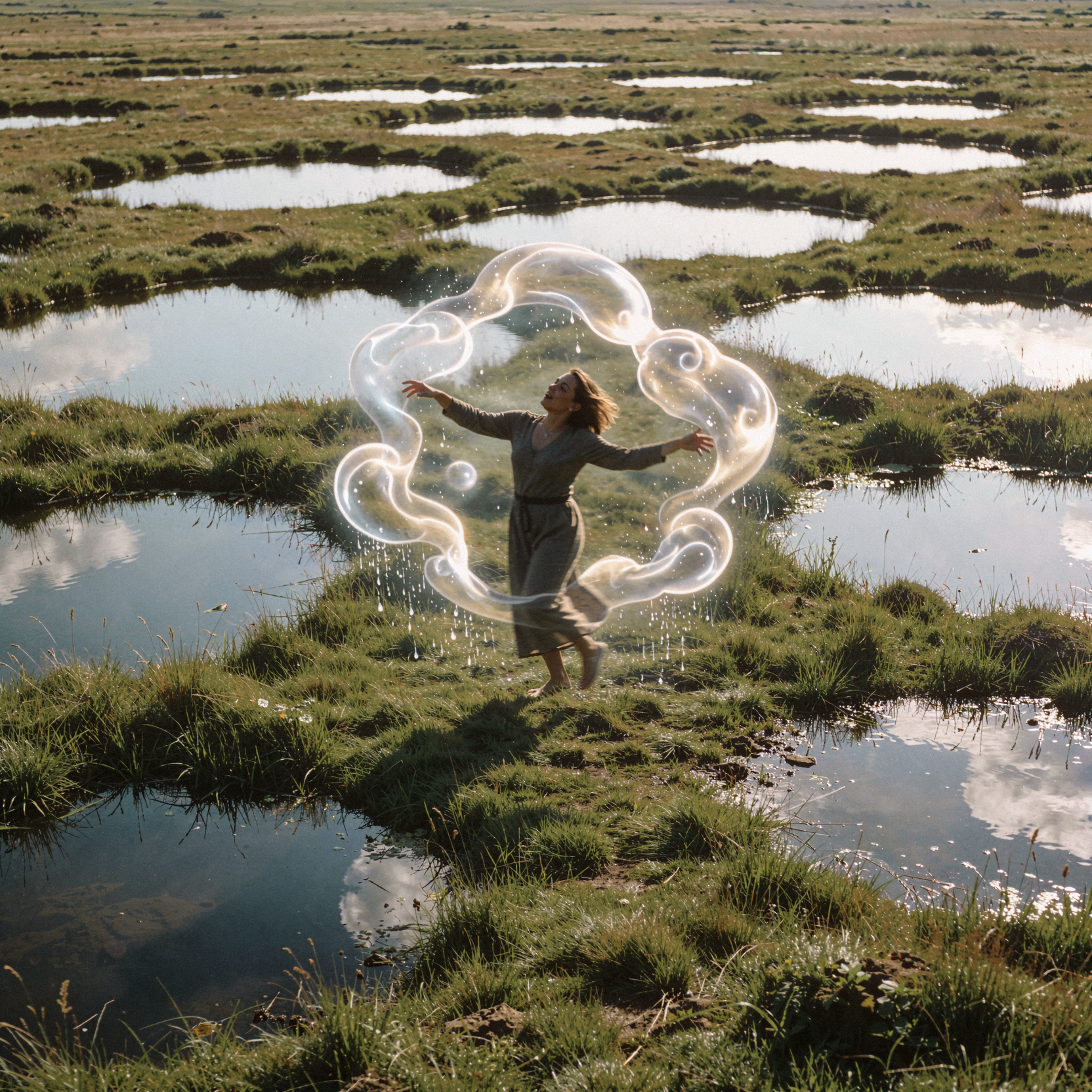 a realistic documentary photograph of a solitary androgynous figure standing in the center of a vast meadow, surrounded by numerous small, mirror-like lakes that reflect the sky. The figure is suspended mid-dance, arms outstretched, mouth open as if singing powerfully, with visible sound waves manifesting as swirling, luminous clouds of translucent thought-bubbles and droplets of rain descending around them. The scene blends the meadow grass with the reflective water surfaces, creating a surreal landscape where sky, earth, and water merge. Soft natural daylight illuminates the scene from above, casting gentle shadows on the wet grass. Shot on 35mm film with fine grain, slight motion blur on the dancing figure, and realistic skin texture.