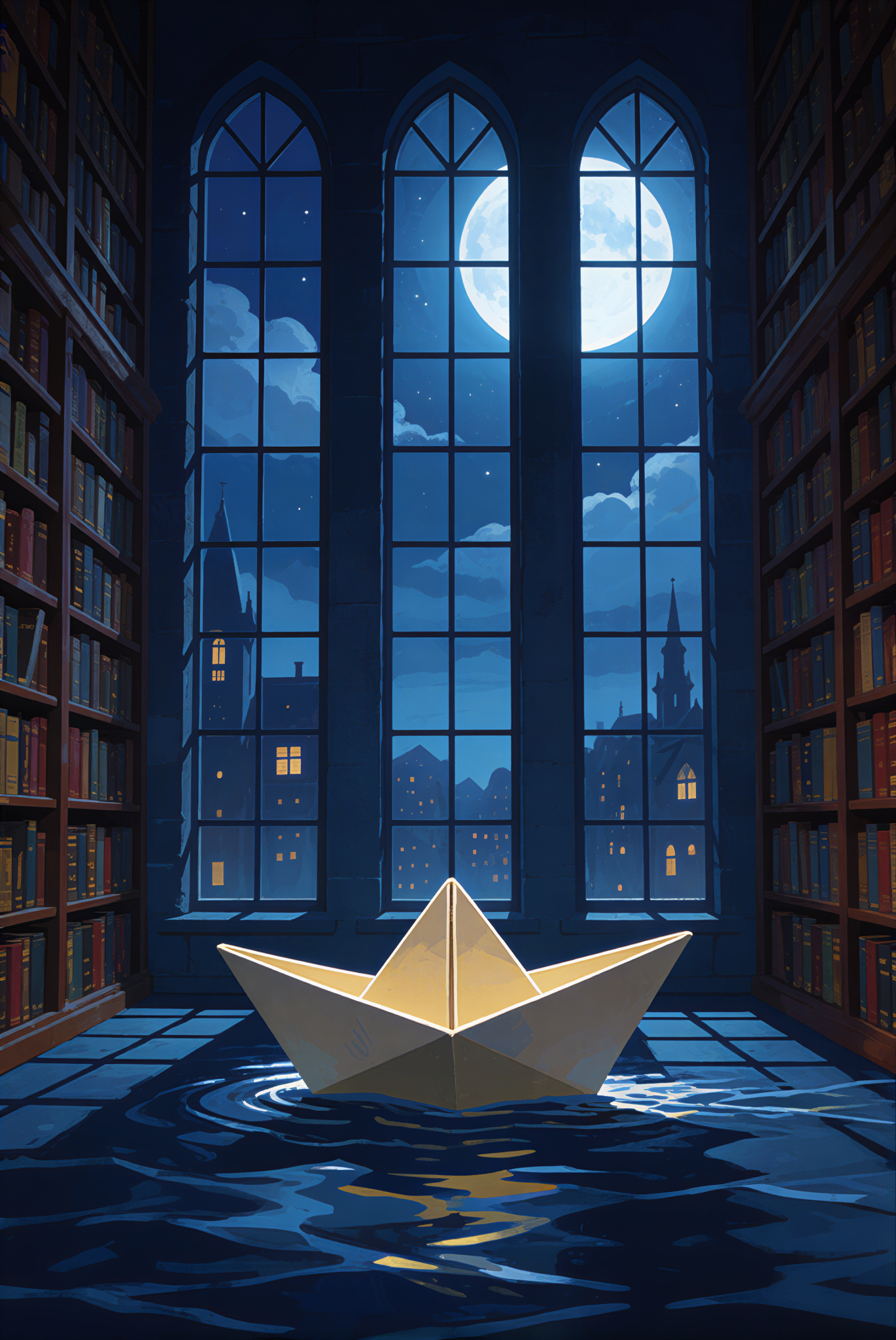 A generated image of: a paper boat sailing through a library at midnight, moonlight through tall windows