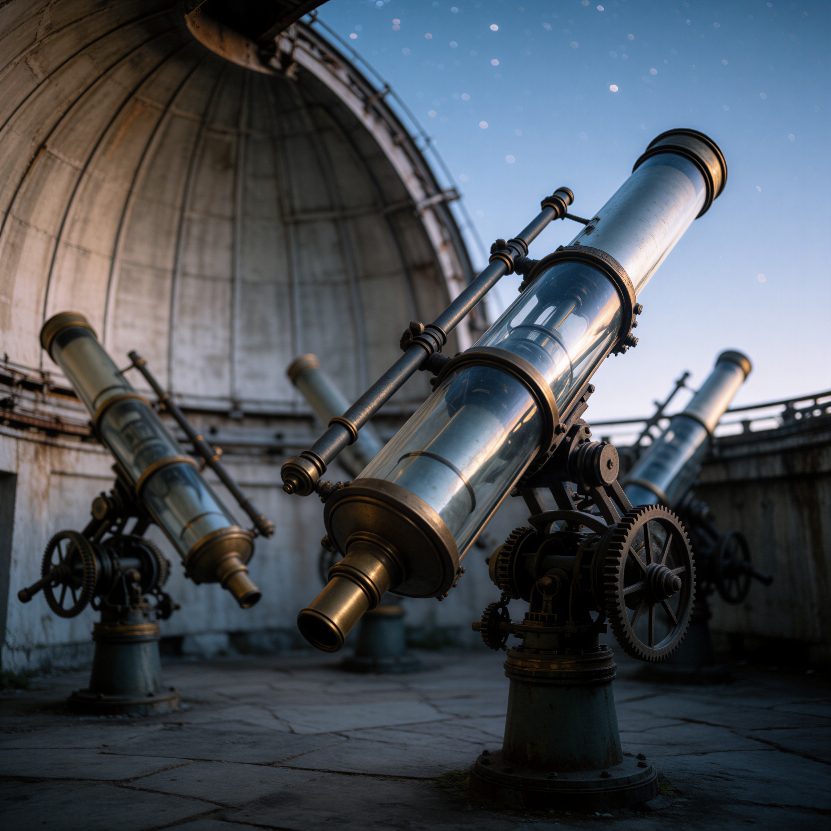 A generated image of: an old observatory where the telescopes grow like sunflowers, turning to follow passing comets