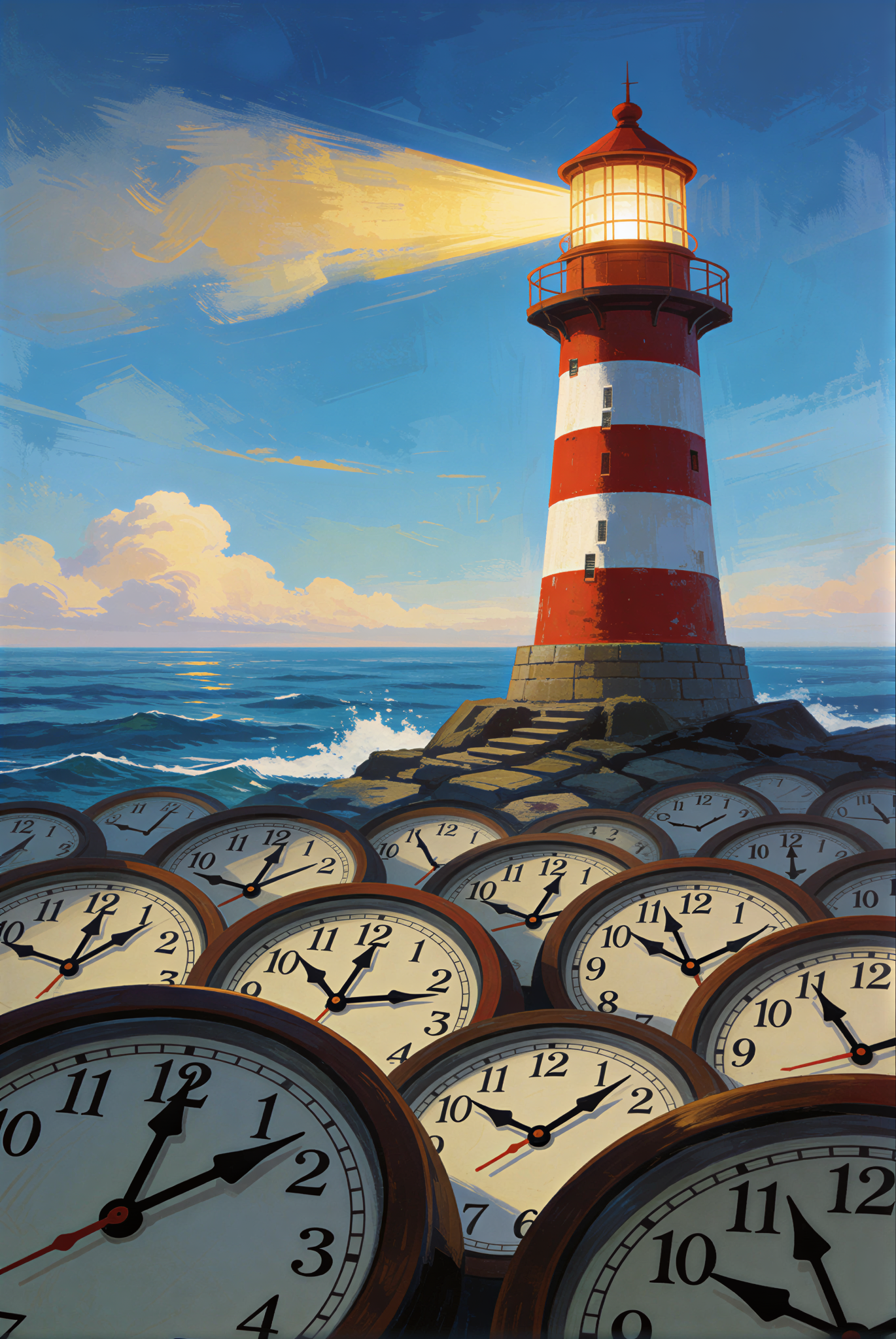 A generated image of: a lighthouse keeping watch over a sea of sleeping clocks