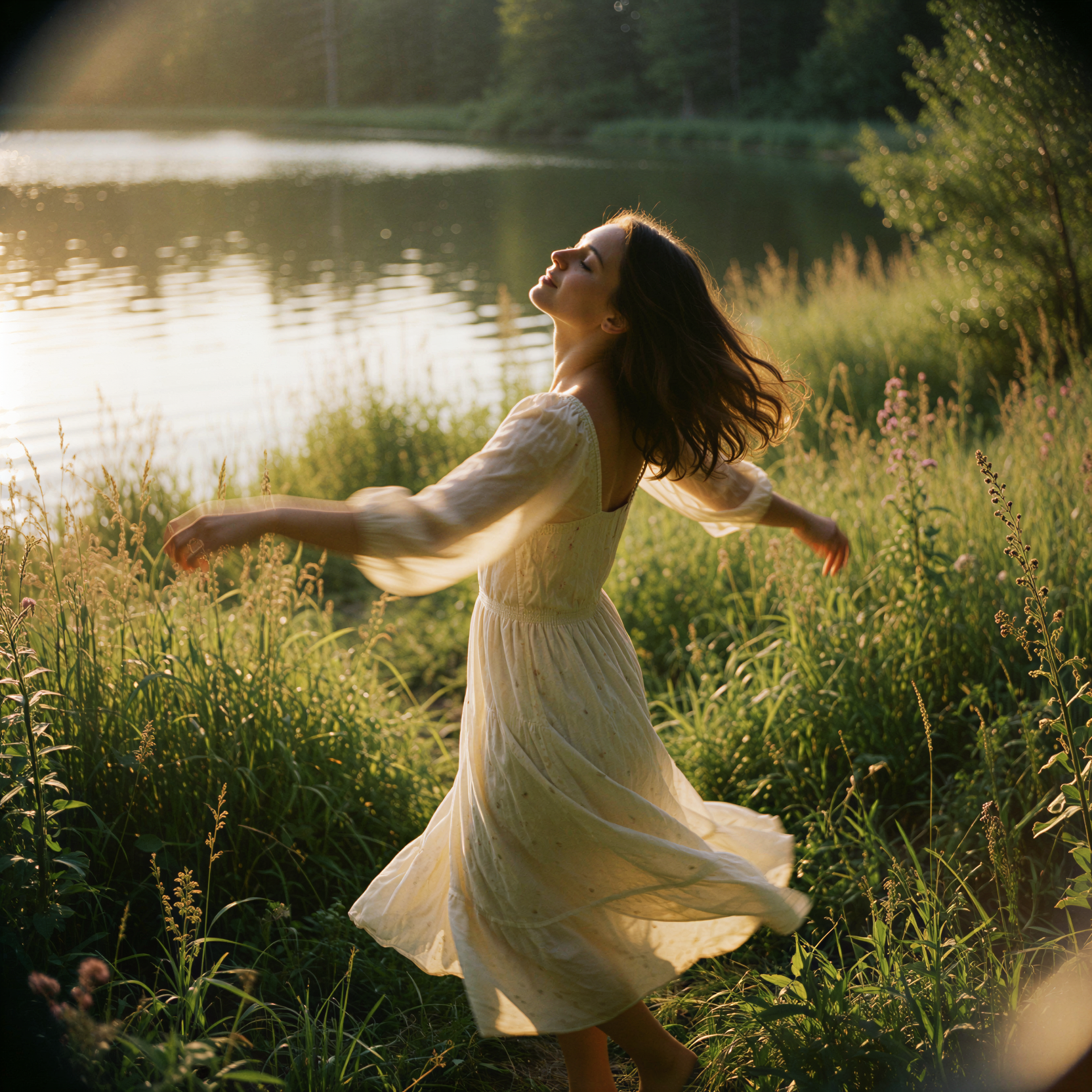 A generated image of: dancing nude in a meadow of lakes, singing like the sun