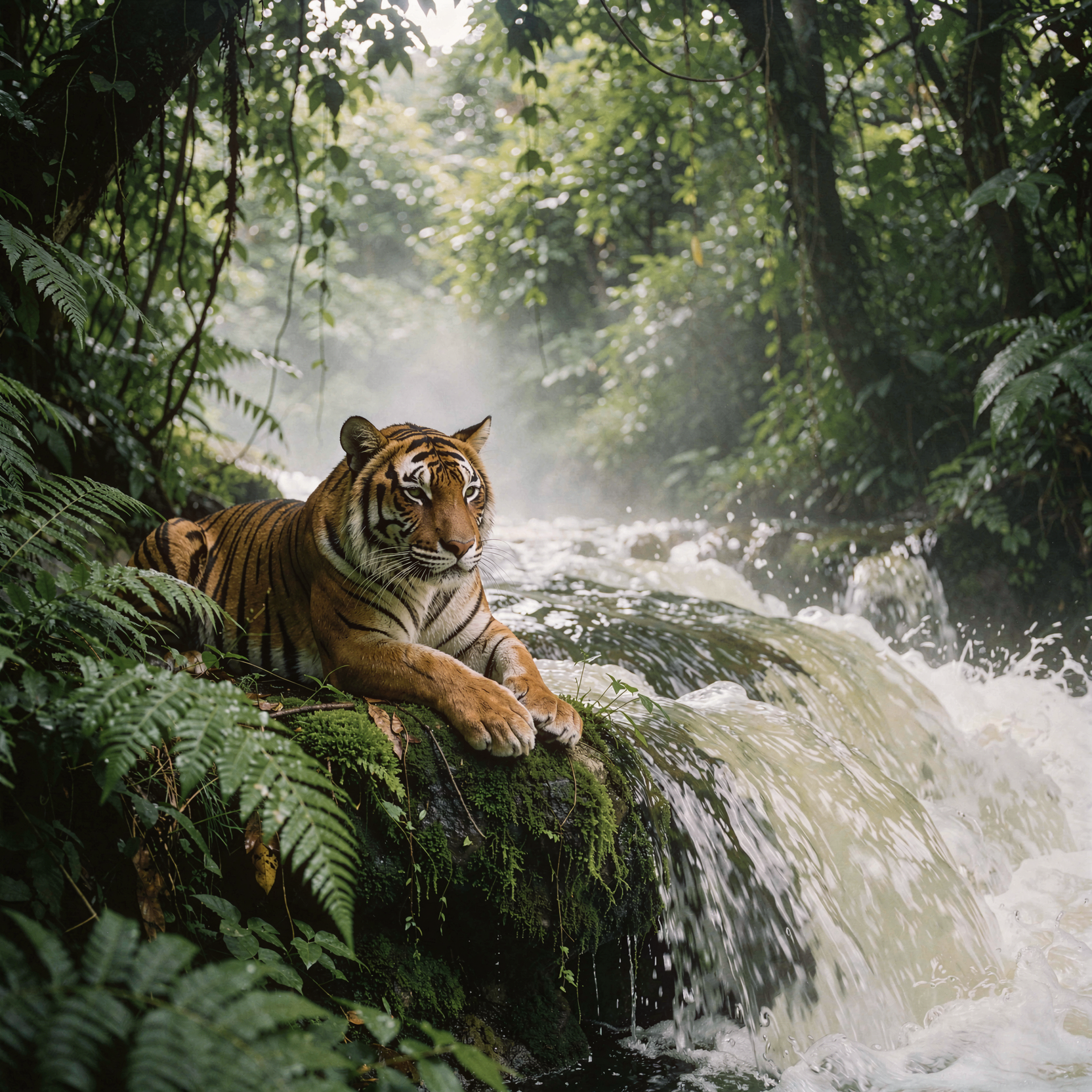a natural-light wildlife photograph of a majestic Bengal tiger lying peacefully on the mossy bank at the edge of a rushing waterfall in a dense, lush jungle, its striped coat glistening with water droplets and its expression calm and serene, surrounded by vibrant green ferns and hanging vines that blur softly in the background, soft diffused daylight filtering through the heavy canopy to create a misty, ethereal atmosphere with gentle steam rising from the turbulent white water, shot on 35mm Kodak Portra 400 with fine visible film grain and slight motion blur on the cascading water.