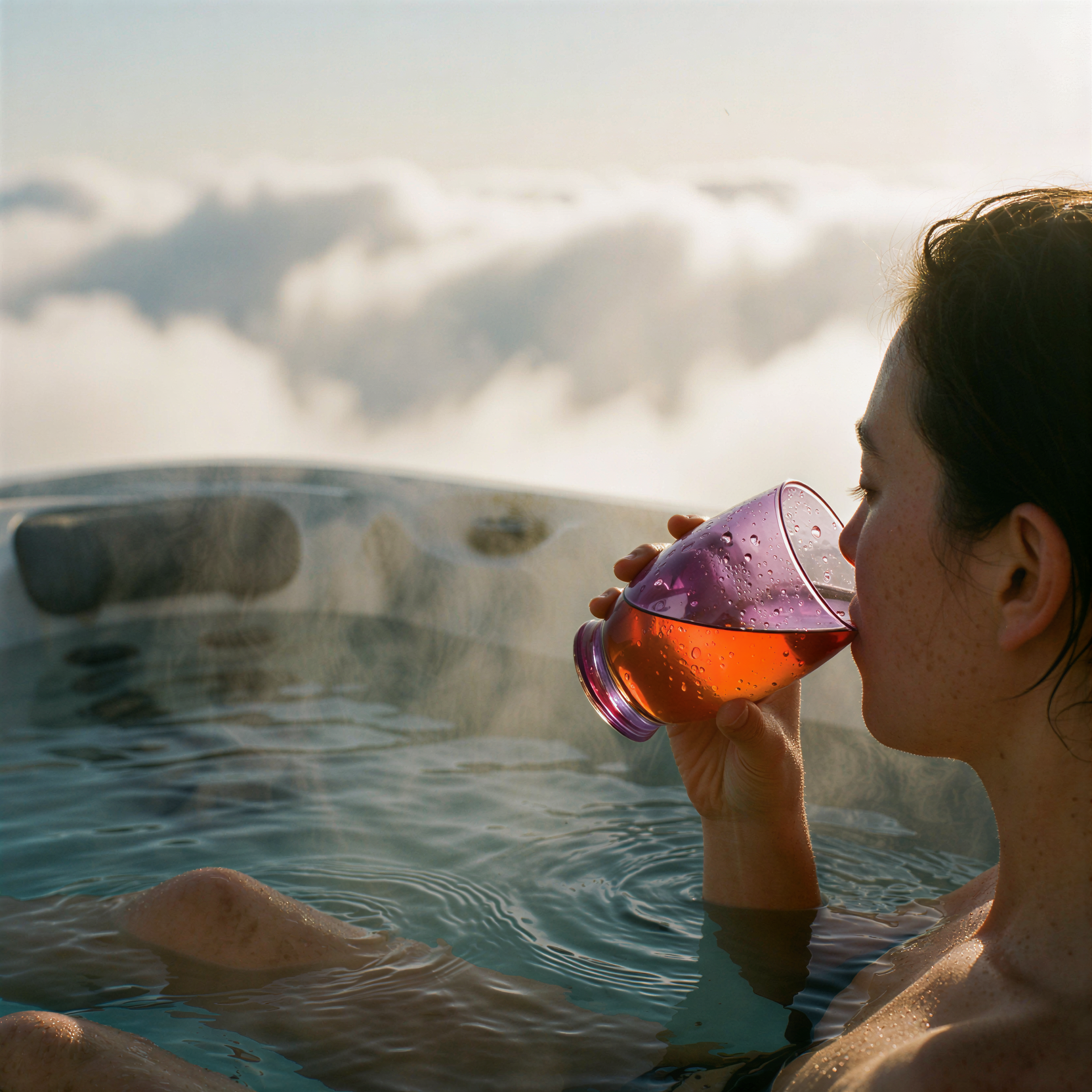 a candid documentary photograph of a person relaxing in a modern hot tub suspended high amongst thick white clouds, sipping from a glass filled with vibrant orange and purple sunset hues as if it were liquid, steam rising gently into the cool altitude, soft diffused golden-hour sunlight illuminating the scene from behind creating a warm glow on the water's surface, natural unretouched skin texture with subtle tonal variation, realistic condensation on the glass and rippling water textures, shot on 35mm Kodak Portra 400 with fine visible film grain, slight handheld framing imperfection and gentle motion blur on the steam.