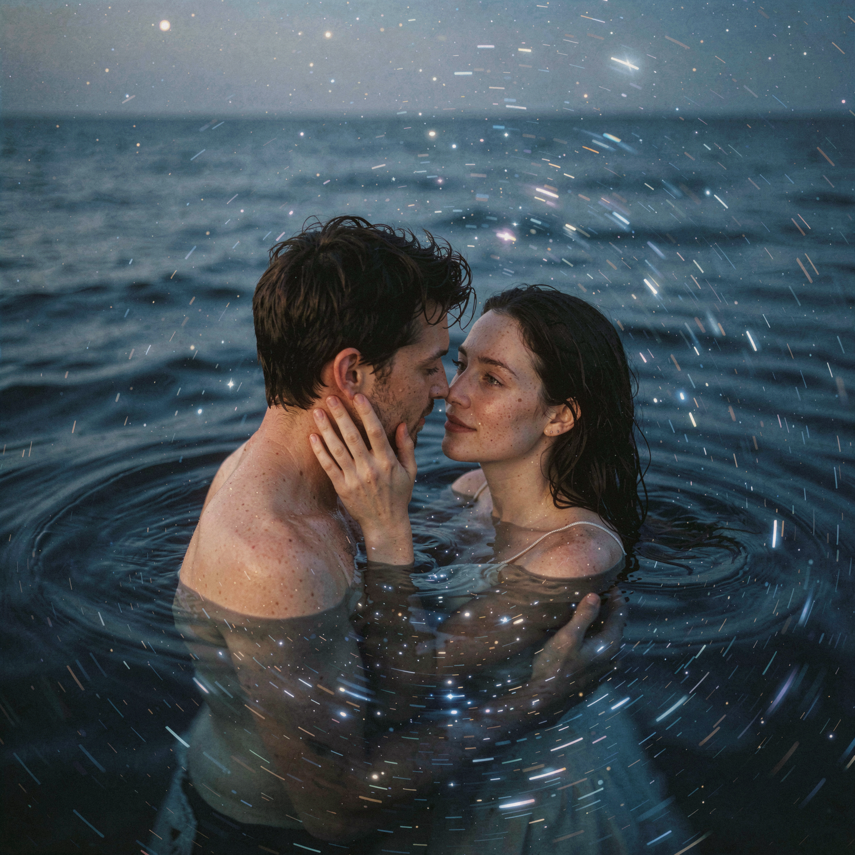 a candid documentary photograph of a man and a woman in an intimate, suspended embrace against a backdrop that merges the deep blue surface of a calm ocean with a starry night sky, their bodies partially dissolving into constellations and water reflections. The man's hand gently touches the woman's cheek, emphasizing the soft poignant texture of human skin contrasted with the celestial environment. Her eyes are wide, eager, and piercing, reflecting the starlight like deep blue oceans, conveying intense love. The scene defies gravity, with stars swirling around them like ocean currents. Shot on 35mm Kodak Portra 400 with fine visible film grain, natural unretouched skin texture with visible pores and subtle tonal variation, gentle motion blur on the swirling star-ocean background, slight handheld framing imperfection.